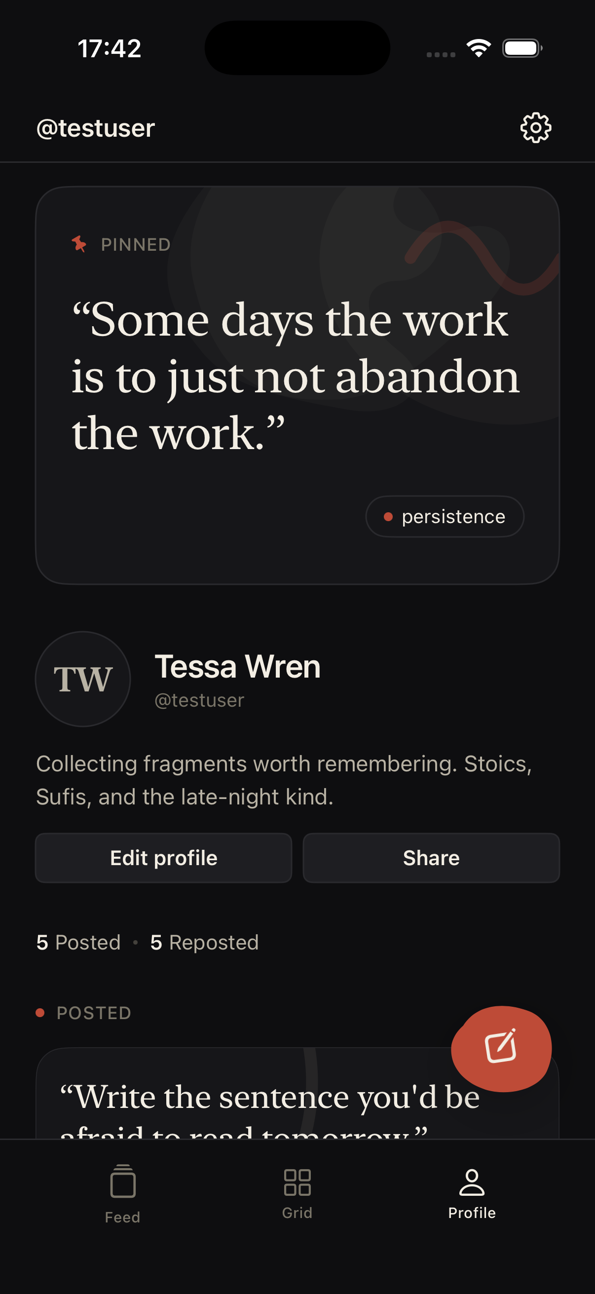 Versed profile screen — a single pinned quote at the top of a profile, dark mode.