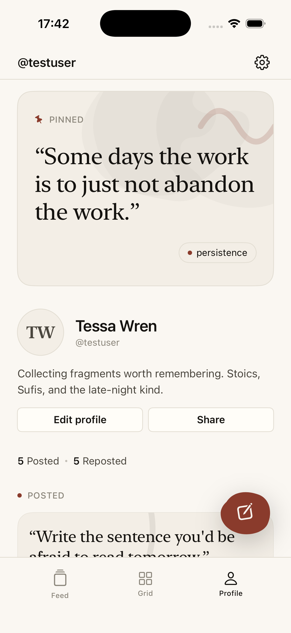 Versed profile screen — a single pinned quote at the top of a profile.